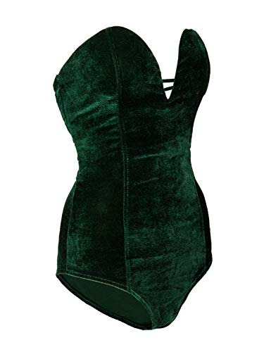 Choies Women's Burgundy/Black Sexy Plunge Neck Strapless Cross Back Velvet Bodysuit (Small, Green-New)