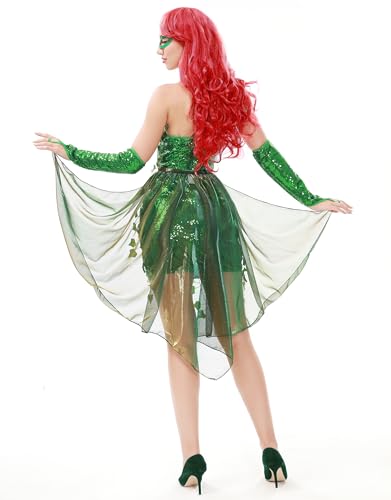 Bigu Poison Costume Women Ivy Halloween Outfit 4 Piece with Eye Mask Gloves Cape Green, Medium