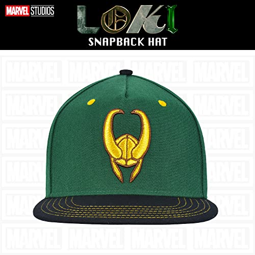Concept One Marvel Loki Baseball Hat, Gold Embroidered Logo Adult Snapback Cap with Flat Brim, Green, One Size