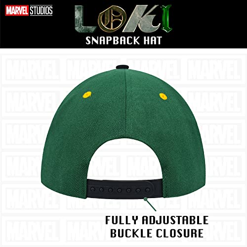 Concept One Marvel Loki Baseball Hat, Gold Embroidered Logo Adult Snapback Cap with Flat Brim, Green, One Size