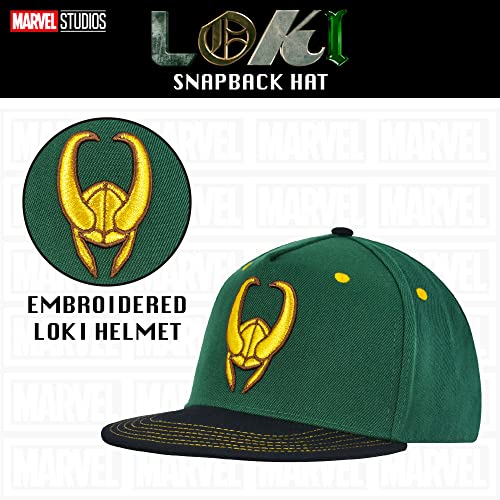 Concept One Marvel Loki Baseball Hat, Gold Embroidered Logo Adult Snapback Cap with Flat Brim, Green, One Size