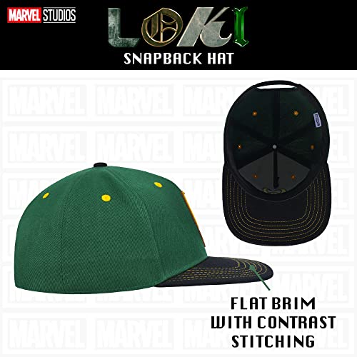 Concept One Marvel Loki Baseball Hat, Gold Embroidered Logo Adult Snapback Cap with Flat Brim, Green, One Size