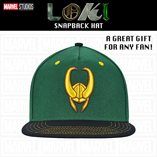 Concept One Marvel Loki Baseball Hat, Gold Embroidered Logo Adult Snapback Cap with Flat Brim, Green, One Size