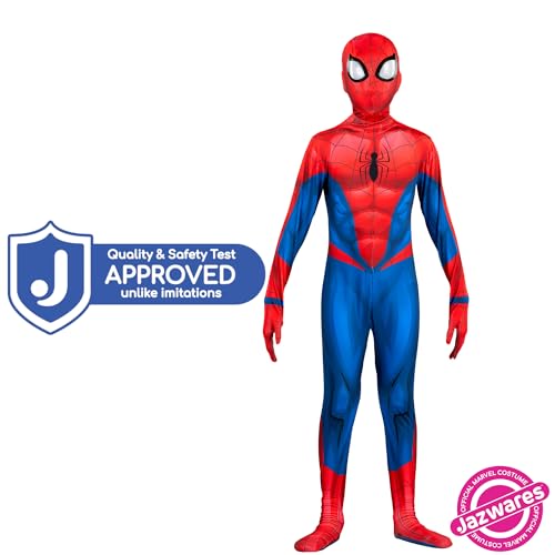 MARVEL Spider-Man Official Youth Deluxe Zentai Suit - Spandex Jumpsuit with Printed Design and Detachable Spandex Mask and Plastic Eyes, Small