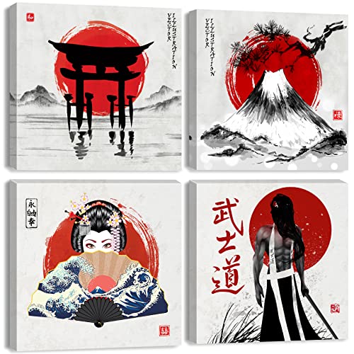 Japanese Canvas Wall Art Japanese Bedroom Decor Retro Armored Samurai Red Geisha Pictures Fuji Mountain Asian Painting Anime Posters Artwork for Living Room Office Kitchen Home Decorations 12×12" 4Pcs