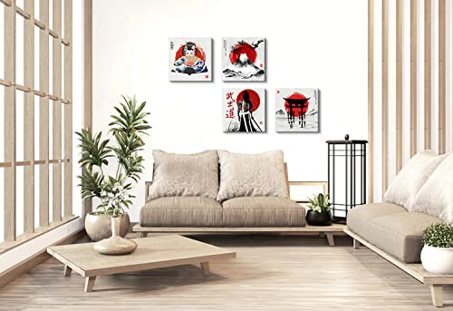 Japanese Canvas Wall Art Japanese Bedroom Decor Retro Armored Samurai Red Geisha Pictures Fuji Mountain Asian Painting Anime Posters Artwork for Living Room Office Kitchen Home Decorations 12×12" 4Pcs