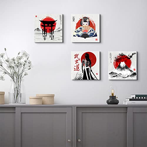 Japanese Canvas Wall Art Japanese Bedroom Decor Retro Armored Samurai Red Geisha Pictures Fuji Mountain Asian Painting Anime Posters Artwork for Living Room Office Kitchen Home Decorations 12×12" 4Pcs