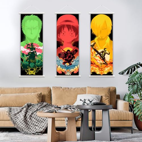 DarkCark 3 Piece One Piece Luffy Zoro Sanji Anime Scroll Poster Wall Art Canvas Picture Print Living Room Bedroom Decor Gifts