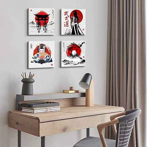 Japanese Canvas Wall Art Japanese Bedroom Decor Retro Armored Samurai Red Geisha Pictures Fuji Mountain Asian Painting Anime Posters Artwork for Living Room Office Kitchen Home Decorations 12×12" 4Pcs