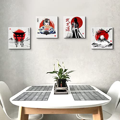 Japanese Canvas Wall Art Japanese Bedroom Decor Retro Armored Samurai Red Geisha Pictures Fuji Mountain Asian Painting Anime Posters Artwork for Living Room Office Kitchen Home Decorations 12×12" 4Pcs