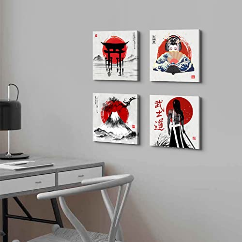 Japanese Canvas Wall Art Japanese Bedroom Decor Retro Armored Samurai Red Geisha Pictures Fuji Mountain Asian Painting Anime Posters Artwork for Living Room Office Kitchen Home Decorations 12×12" 4Pcs