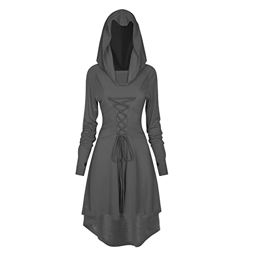 HODBLKT Womens Renaissance Costumes Hooded Robe Lace Up Renaissance Dress Women Vintage Dress Halloween Medieval Cosplay Cloak (Grey, X-Large)