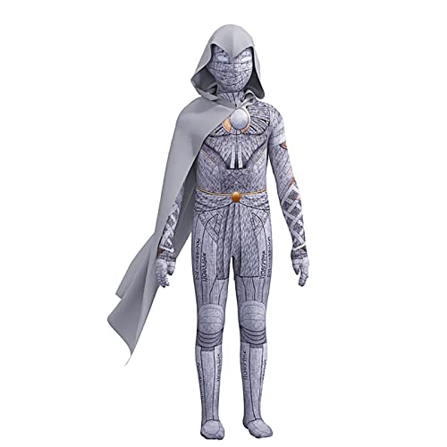 CYNICISM Moon Print Knight Costume Boys Halloween Cosplay Jumpsuit Cloak Headgear Set Kids/Adults Zentai Superhero Outfits, Child-140
