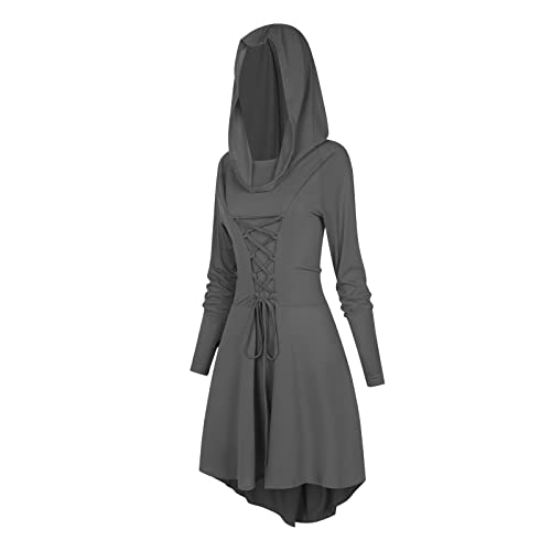 HODBLKT Womens Renaissance Costumes Hooded Robe Lace Up Renaissance Dress Women Vintage Dress Halloween Medieval Cosplay Cloak (Grey, X-Large)