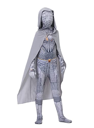 CYNICISM Moon Print Knight Costume Boys Halloween Cosplay Jumpsuit Cloak Headgear Set Kids/Adults Zentai Superhero Outfits, Child-140