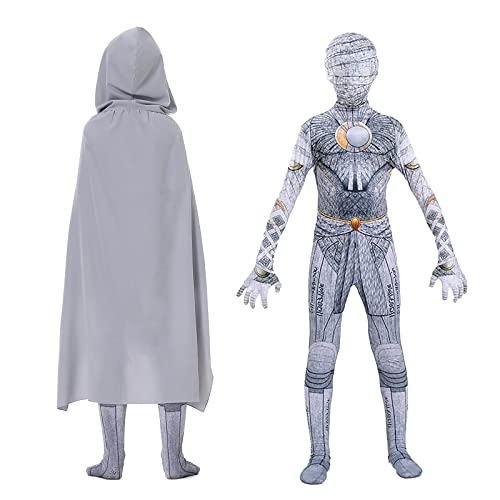 CYNICISM Moon Print Knight Costume Boys Halloween Cosplay Jumpsuit Cloak Headgear Set Kids/Adults Zentai Superhero Outfits, Child-140