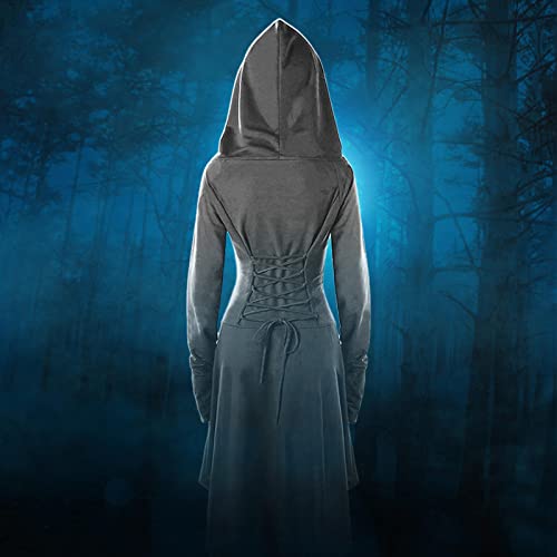 HODBLKT Womens Renaissance Costumes Hooded Robe Lace Up Renaissance Dress Women Vintage Dress Halloween Medieval Cosplay Cloak (Grey, X-Large)