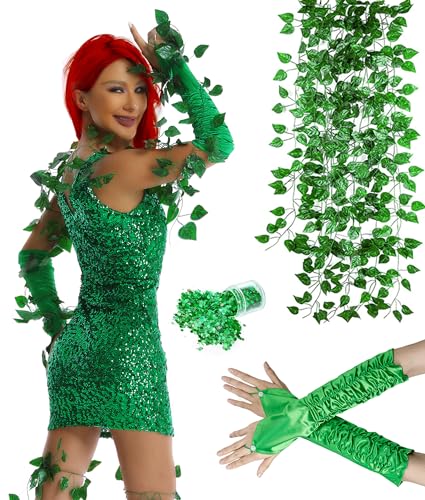 WATCPNO Ivy Costume Accessories for Halloween Fake Leaves Ivy Cosplay Green Ivy Costume Women Included Face Gems Long Green Fingerless Gloves