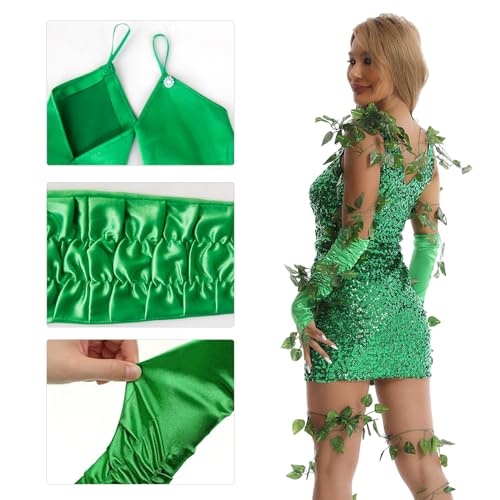 WATCPNO Ivy Costume Accessories for Halloween Fake Leaves Ivy Cosplay Green Ivy Costume Women Included Face Gems Long Green Fingerless Gloves
