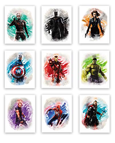 Marvel Avengers Superhero Watercolor Art Prints (Unframed) | Great Gift Set of 10 (8”x10”) | Decor for Boys Room