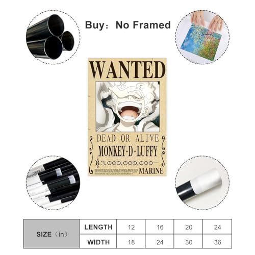 HOUKIG Anime Bounty Wanted Monkey D Luffy Poster Canvas Poster Wall Art Decor Print Picture Paintings for Living Room Bedroom Decoration Unframe: Unframe:12x18inch(30x45cm)
