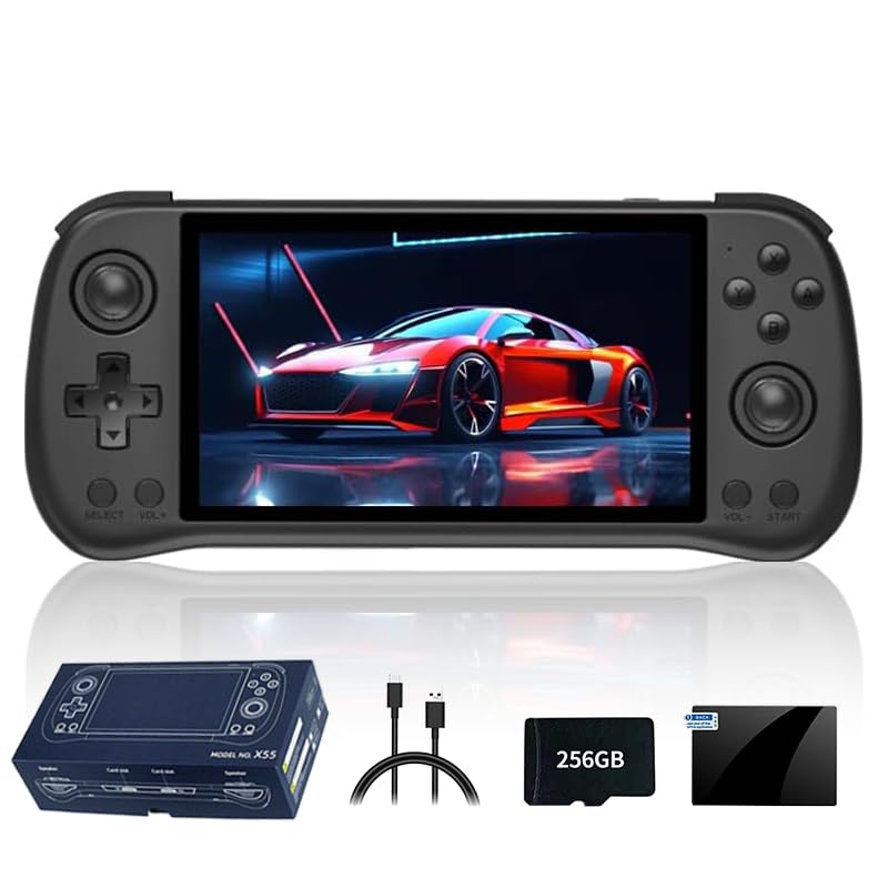 X55 Retro Arcade Handheld Game Console Built-in 30,000 Games, 5.5-Inch IPS Screen RK3566 CPU , Nostalgic Arcade Video Gaming Machines for Kids Adults -16G+256G (Black)