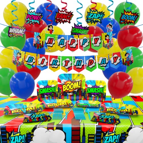 Comic Superhero Deluxe Party Supplies Pack (157 Pieces for 20 Guests) - Complete Tableware and Decorations Set - Superhero Party Decoration, Plates and Napkin, Super Hero Brithday Party, Blue Orchards