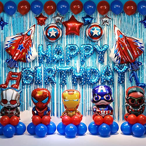 Superhero Birthday Party Decorations 72 Pack Avenger Birthday Party Supplies Large Super Hero Balloons Happy Birthday Banner Blue Background Perfect for Kids Theme Birthday and Super Hero Fan Party