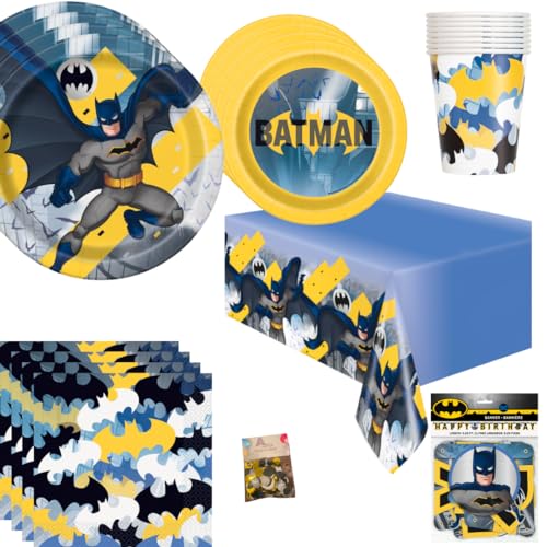 Batman Birthday Party Supplies including Batman Birthday Decorations and Batman Plates and Cups and other Tableware for 16 Guests for Boy's Batman Party or Superhero Birthday Party