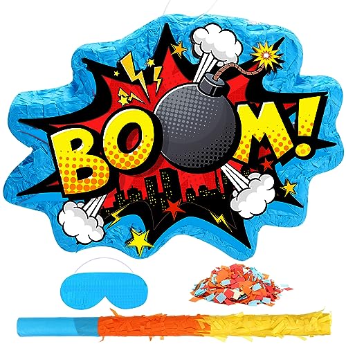 Namalu Boom Pinata Hero Birthday Party Decoration Comic Book Action Pinata Action Hero Pinata with Eye Mask Bat Confetti for Boys Girls Hero Themed Birthday Action Party Games Supplies