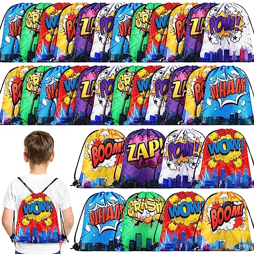 Kajaia 30 Pcs Hero Party Favors Bags Comic Heroes Drawstring Bag Backpacks Goodie Candy Gift Bags for Kids Girls Boys Birthday Party Supplies Decorations, 9.8 x 11.8 Inch