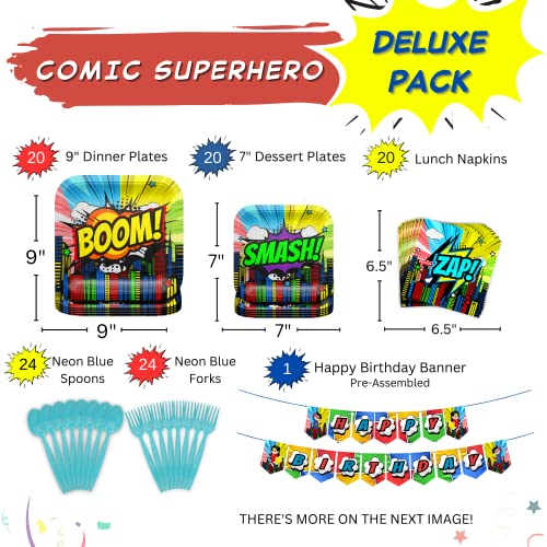 Comic Superhero Deluxe Party Supplies Pack (157 Pieces for 20 Guests) - Complete Tableware and Decorations Set - Superhero Party Decoration, Plates and Napkin, Super Hero Brithday Party, Blue Orchards