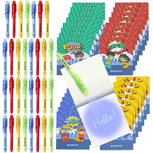 BONNYCO Invisible Ink Pen, Notebook Pack 32 Superhero Party Favors | Super Hero Party Favors for Kids Goodie Bags Stuffers Pinata Stuffers Classroom Prizes Return Gifts for Kids Birthday Student Gifts