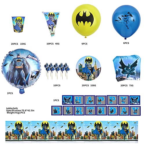 Bat-Man Birthday Decorations Party Supplies Serves 20 Guests Include Plates, Napkins, Cups, Balloons, Table Cover, Birthday Banner, Cupcake Toppers and Triangle Flags for Kids Boys Teens Men
