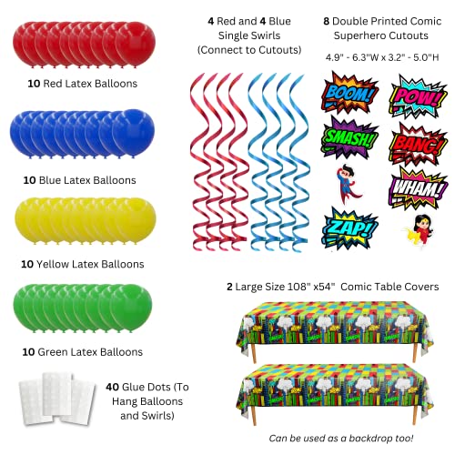 Comic Superhero Deluxe Party Supplies Pack (157 Pieces for 20 Guests) - Complete Tableware and Decorations Set - Superhero Party Decoration, Plates and Napkin, Super Hero Brithday Party, Blue Orchards