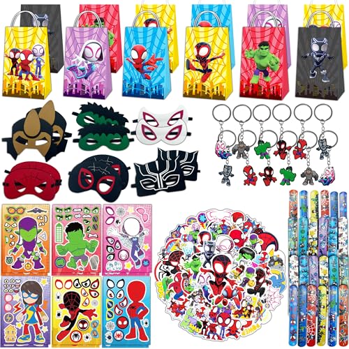 116PCS Spider and His Amazing Friends Party Favor for Kids Birthday, Spider Superhero Supplies Gifts and Theme Decorations, Classroom Rewards, Include Mask, Slap Bracelet, Bags, Stickers, Keychains