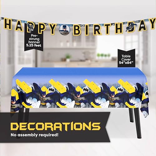 Batman Birthday Party Supplies | Batman Party Supplies | Batman Birthday Decorations | Batman Party Decorations | With Banner, Table Cover, Masks, Plates, Napkins, Button | For Boys or Girls | Serves
