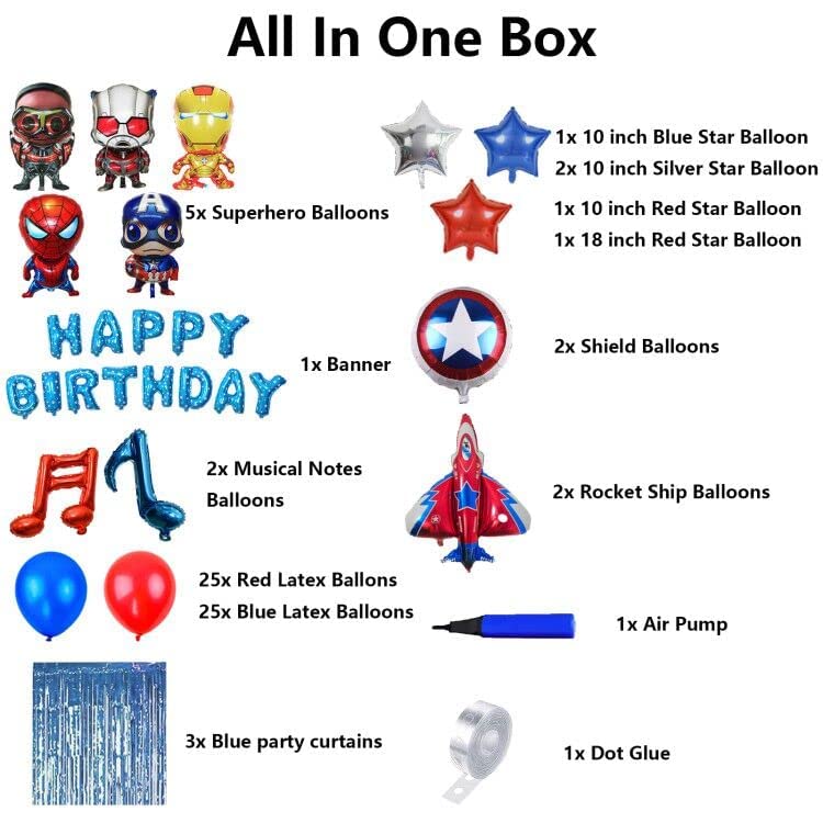 Superhero Birthday Party Decorations 72 Pack Avenger Birthday Party Supplies Large Super Hero Balloons Happy Birthday Banner Blue Background Perfect for Kids Theme Birthday and Super Hero Fan Party