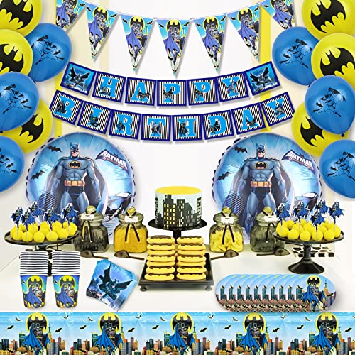Bat-Man Birthday Decorations Party Supplies Serves 20 Guests Include Plates, Napkins, Cups, Balloons, Table Cover, Birthday Banner, Cupcake Toppers and Triangle Flags for Kids Boys Teens Men