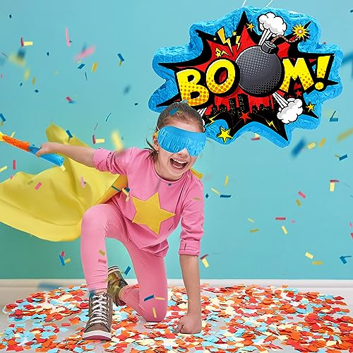 Namalu Boom Pinata Hero Birthday Party Decoration Comic Book Action Pinata Action Hero Pinata with Eye Mask Bat Confetti for Boys Girls Hero Themed Birthday Action Party Games Supplies