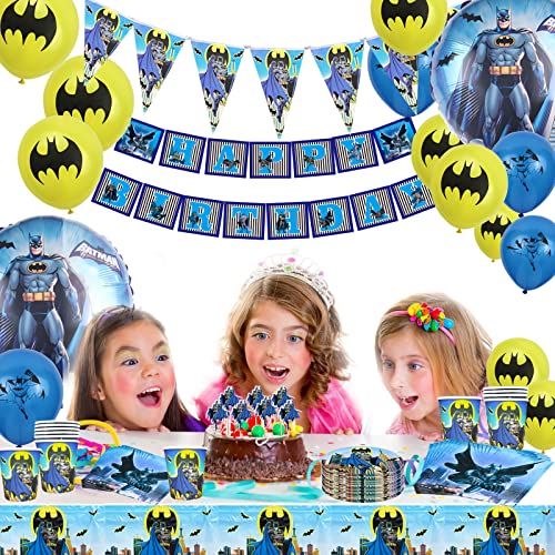Bat-Man Birthday Decorations Party Supplies Serves 20 Guests Include Plates, Napkins, Cups, Balloons, Table Cover, Birthday Banner, Cupcake Toppers and Triangle Flags for Kids Boys Teens Men