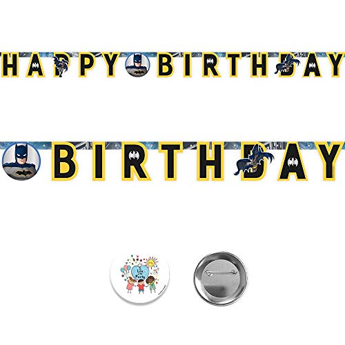 Batman Birthday Party Supplies Pack for 16 Guests with Batman Masks, Plates, Cups, Napkins, Table Cover, Birthday Banner and an Exclusive Pin, by Another Dream