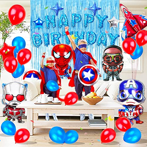 Superhero Birthday Party Decorations 72 Pack Avenger Birthday Party Supplies Large Super Hero Balloons Happy Birthday Banner Blue Background Perfect for Kids Theme Birthday and Super Hero Fan Party