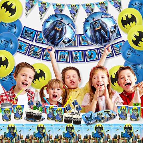 Bat-Man Birthday Decorations Party Supplies Serves 20 Guests Include Plates, Napkins, Cups, Balloons, Table Cover, Birthday Banner, Cupcake Toppers and Triangle Flags for Kids Boys Teens Men