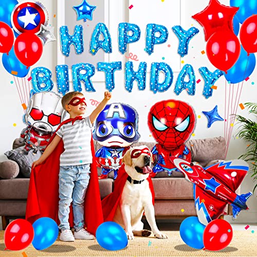 Superhero Birthday Party Decorations 72 Pack Avenger Birthday Party Supplies Large Super Hero Balloons Happy Birthday Banner Blue Background Perfect for Kids Theme Birthday and Super Hero Fan Party