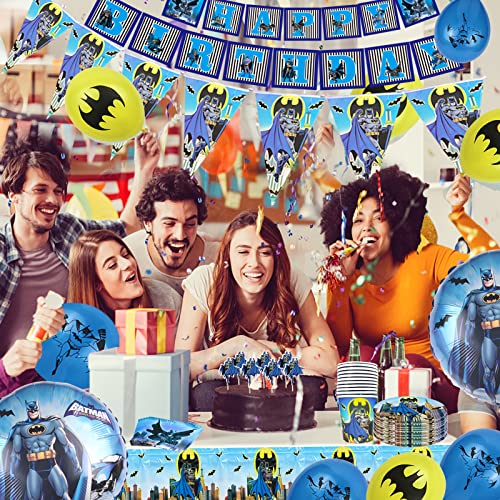 Bat-Man Birthday Decorations Party Supplies Serves 20 Guests Include Plates, Napkins, Cups, Balloons, Table Cover, Birthday Banner, Cupcake Toppers and Triangle Flags for Kids Boys Teens Men