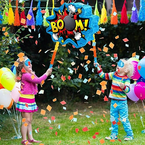 Namalu Boom Pinata Hero Birthday Party Decoration Comic Book Action Pinata Action Hero Pinata with Eye Mask Bat Confetti for Boys Girls Hero Themed Birthday Action Party Games Supplies