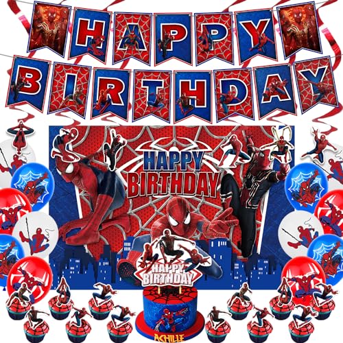 Spiderman birthday party supplies: banner, cake topper, backdrop