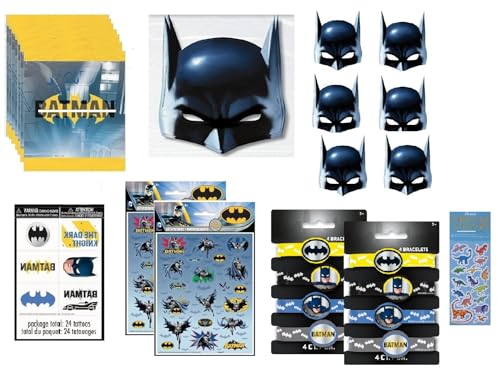 Batman Birthday Party Supplies Favor Bundle Pack includes Loot Bags, Bracelets, Tattoos, Stickers, Party Paper Masks, 1 Dinosaur Sticker Sheet