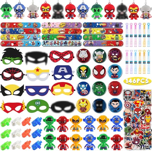 146Pcs Birthday Gifts Party Favors for Boys, 12Pack Masks Key Chians Tumblers Finger Lights Slap Bracelets Pins Bubble Wands 50Pcs Stickers, Cartoon Hero Game for Kids Prizes Rewards